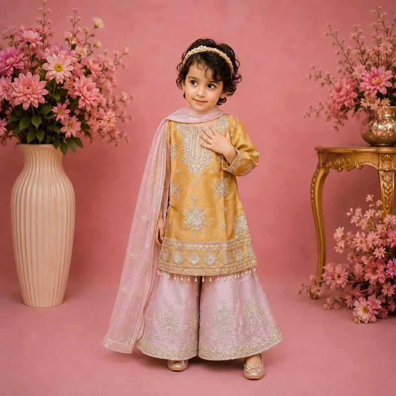 Master Yellow Girls Sharara Set – Elegant Party Wear Dress for Kids