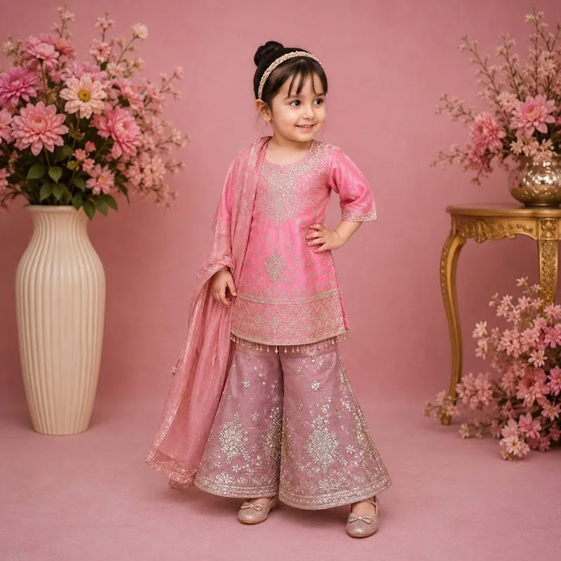 Baby Pink Elegant Girls Sharara Set  Stylish Party Wear Outfit for Kids (Copy)